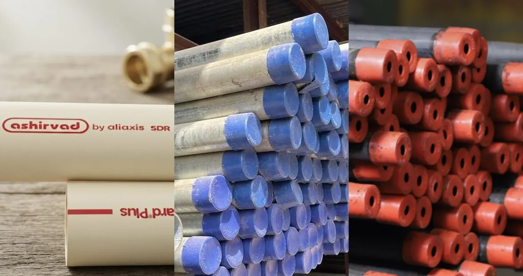 CPVC, GI and MS pipes side by side