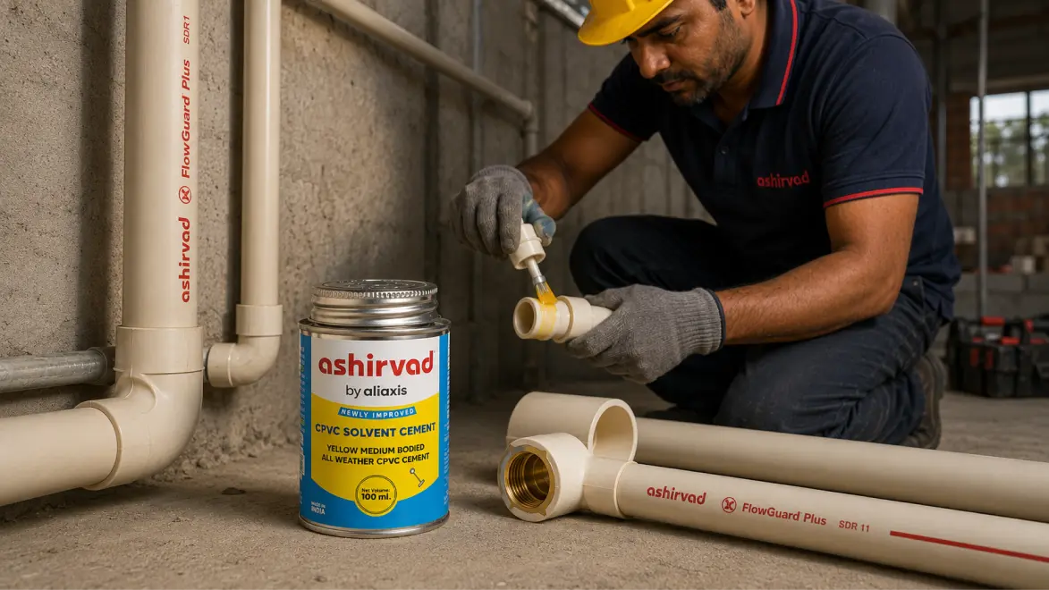 Ashirvad CPVC pipes being installed with FlowGuard Plus solvent cement