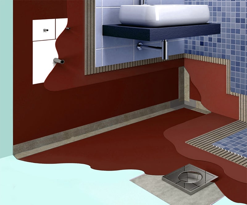 Cross-section diagram of bathroom wet area waterproofing layers
