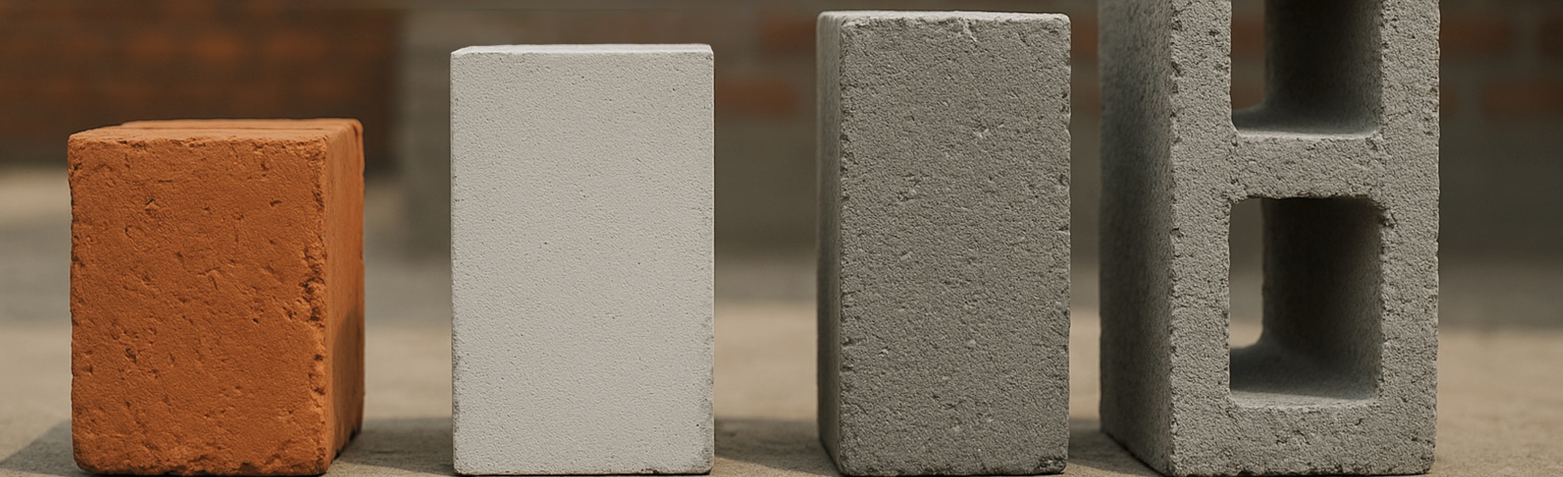 Comparison of Brick, AAC block, Fly Ash brick and Hollow concrete block side by side