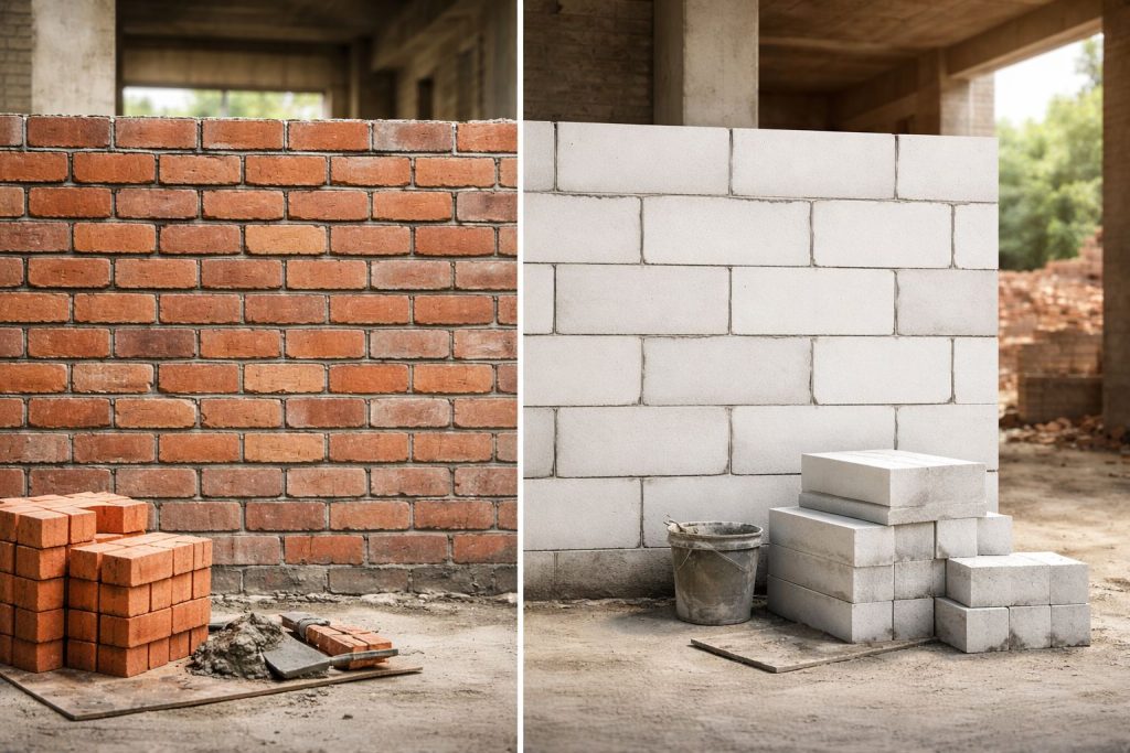 Red clay brick wall vs AAC block wall on construction site