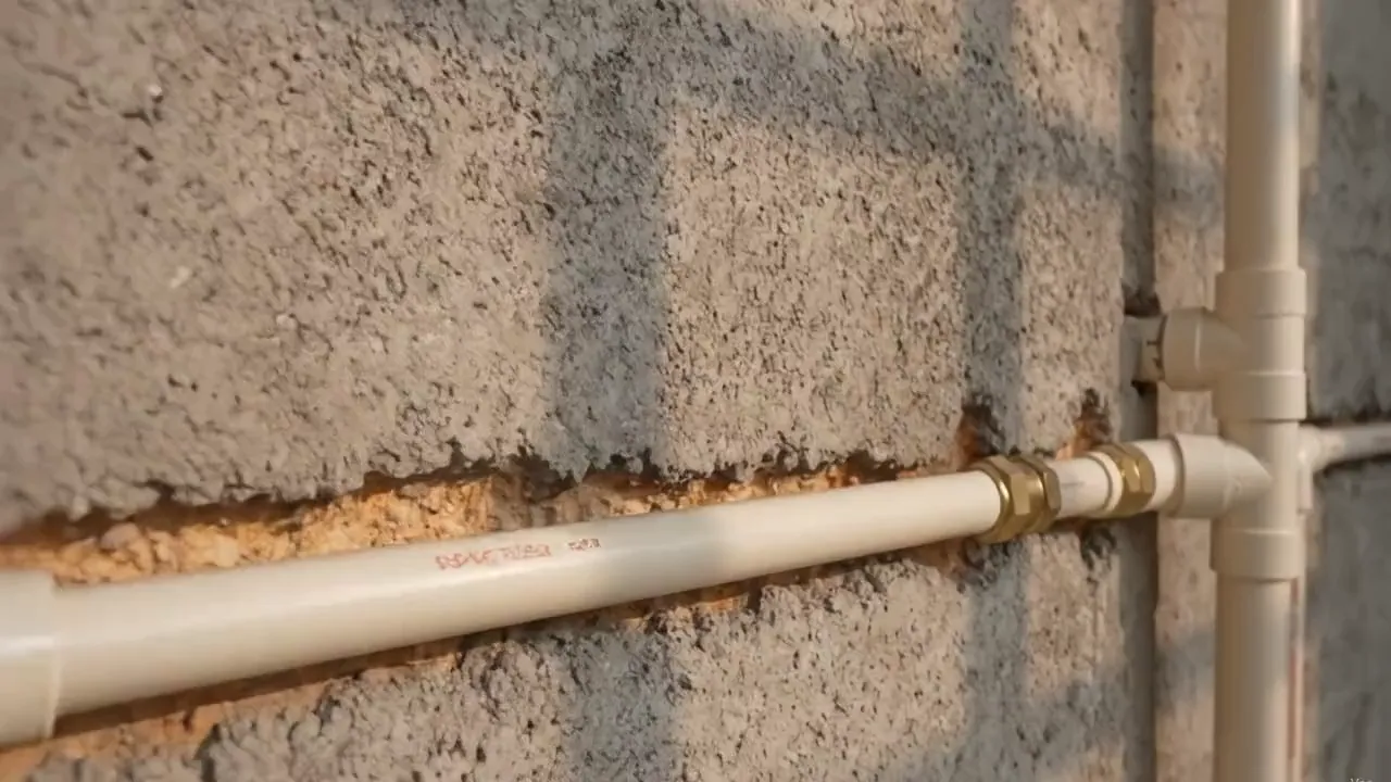 CPVC plumbing line installed on a wall with brass unions