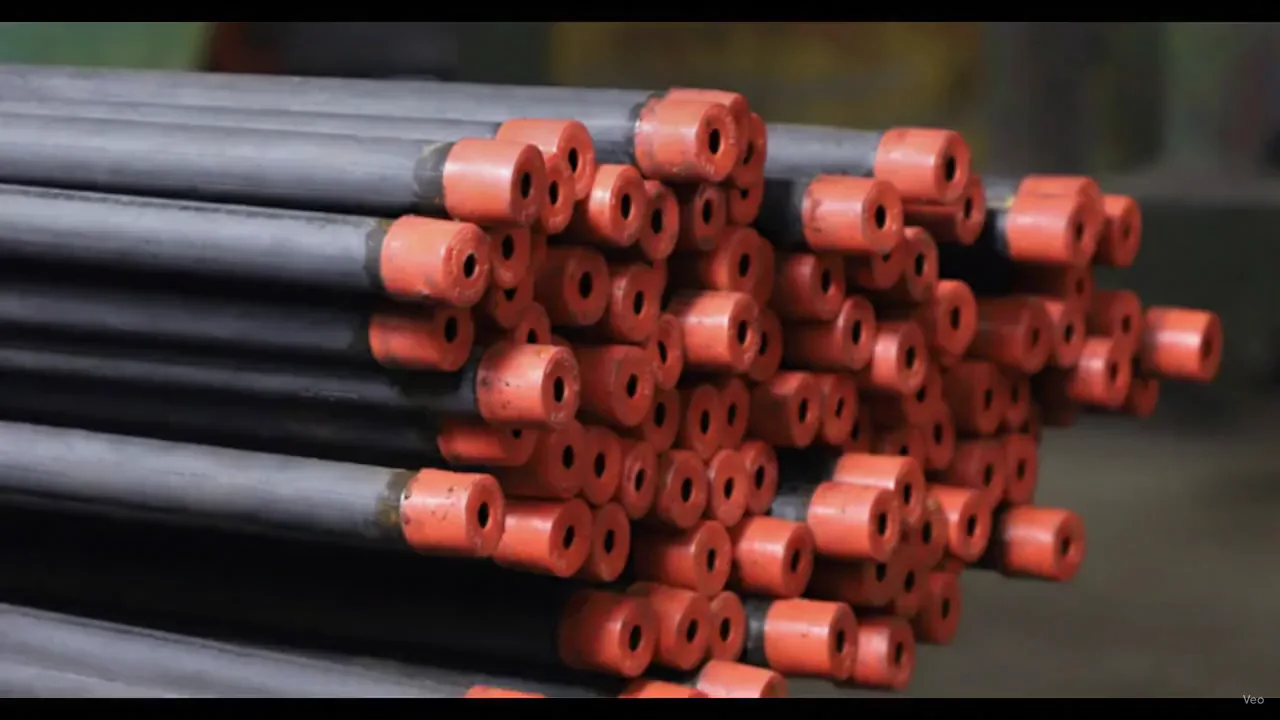 ERW MS black pipes stacked with red end protectors