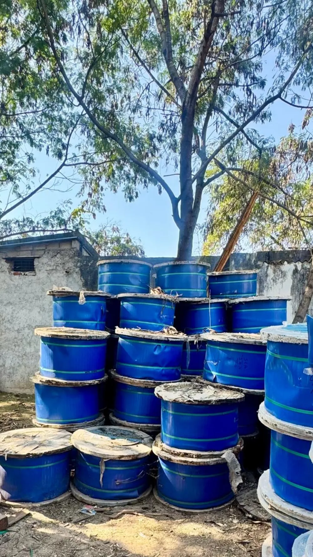 Blue submersible cable drums stored at Nova Trading